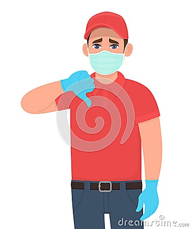 Unhappy delivery man or courier in mask and gloves showing thumbs down sign. Person gesturing dislike or bad. Male making negative Vector Illustration