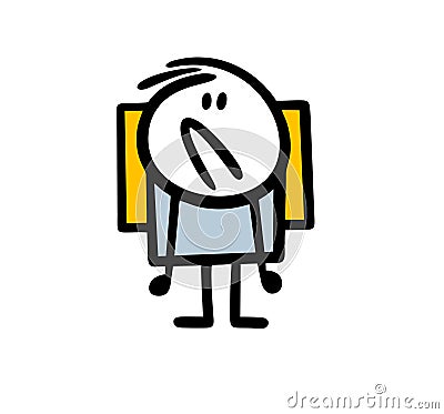 Unhappy delivery service worker brings big yellow box with pizza and food from supermarket. Vector Illustration