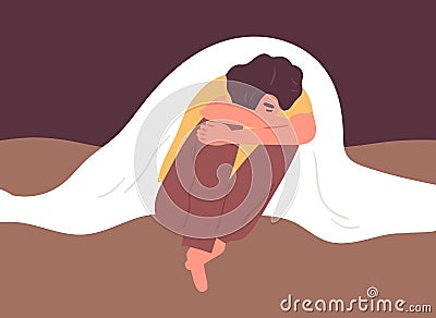 Unhappy depressed lonely woman sitting in despair under blanket. Sad female character in bad mood suffer from Vector Illustration