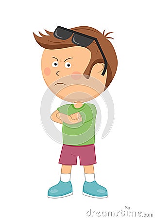 Unhappy dissatisfied little boy with arms folded standing Vector Illustration