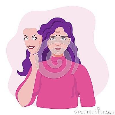 Unhappy female wearing smiling mask vector graphic illustration Vector Illustration