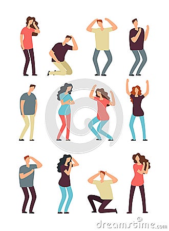 Unhappy frustrated people. Helpless, depressed man and woman. Sad and bad feeling male and female cartoon characters Vector Illustration