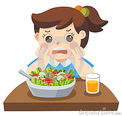 Unhappy girl doesn`t want eat healthy vegetables. Vector Illustration