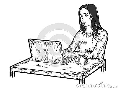 Unhappy girl freelancer works at the laptop. Sketch scratch board imitation. Vector Illustration