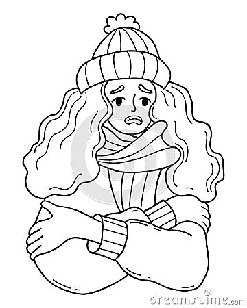 Unhappy girl in knitted hat and scarf freezing wearing and shivering. Outline vector illustration. hand drawn doodle Vector Illustration