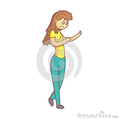 Unhappy girl teenager with a rash on her body. Colorful cartoon character Vector Illustration