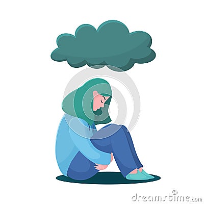 Unhappy girl, woman sitting under raining cloud Vector Illustration