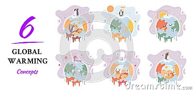 Unhappy globe suffering from fever, planet Earth melting dripping drops. Global warming 6 concepts Vector Illustration