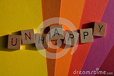 Unhappy, Happy, words with opposite meanings Stock Photo