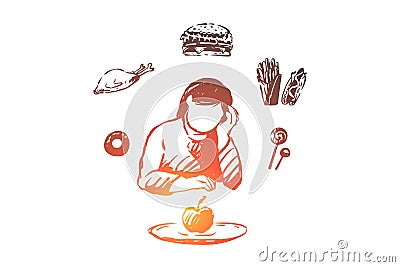 Unhappy lady dreaming about fast food, young woman looking at apple, healthy nutrition Vector Illustration