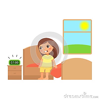 Unhappy little girl sits on the bed and is angry at the sound of the alarm clock. Vector Illustration