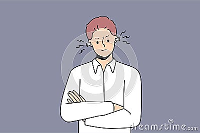 Unhappy man with earplugs from noise Vector Illustration