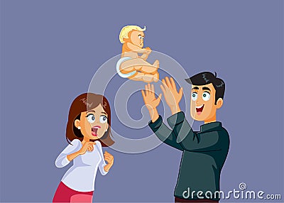 Dad Playing Careless with baby Terrifying Mom Vector Cartoon Vector Illustration