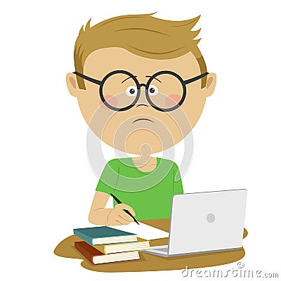 Unhappy nerd boy pupil with glasses sitting at the desk with stack of books and loptop Vector Illustration