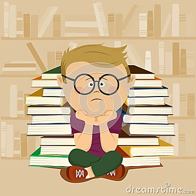 Unhappy nerd boy sitting in front of stack of books and bookshelf in school library Vector Illustration