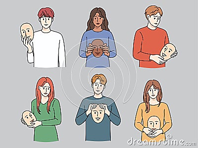 Unhappy people holding smiling masks in hands Vector Illustration