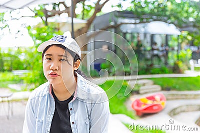 Unhappy portrait cute young innocent fat teen Stock Photo
