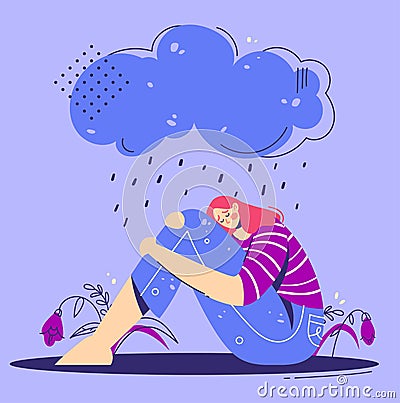 Unhappy, sad depressed young woman hugs legs under rainy cloud. Teenage girl are sitting under rain. Depression concept. Vector Illustration