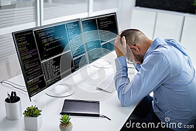 Unhappy Sad Developer Programmer Man In Stress Coding Software Stock Photo