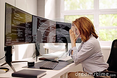 Unhappy Sad Developer Programmer Woman In Stress Coding Software Stock Photo