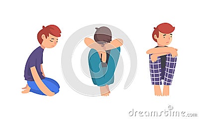 Unhappy Sad Teen Boy Sitting on Floor Feeling Depressed and Lonely Vector Set Vector Illustration