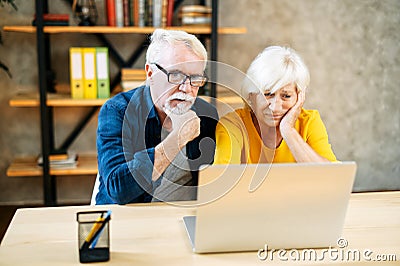 Unhappy senior couple looks at laptop screen Stock Photo