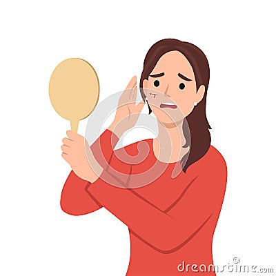 Unhappy shocked woman holding mirror in hand with scratched face bleeding Vector Illustration