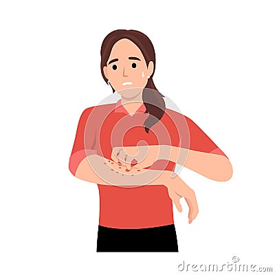 Unhappy suffering woman scratching the skin on her hand. Various skin problems, such as allergies, psoriasis, itching, atopic Vector Illustration