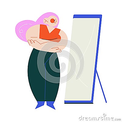 Unhappy teenager girl looking at mirror and and suffering from overweight problems Vector Illustration