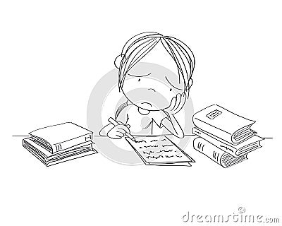 Unhappy and tired girl preparing for school exam, writing homework, feeling sad and bored - original hand drawn illustration Vector Illustration