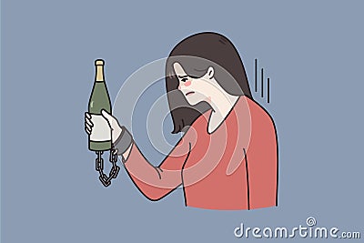 Unhappy woman with bottle suffer from alcohol addiction Vector Illustration