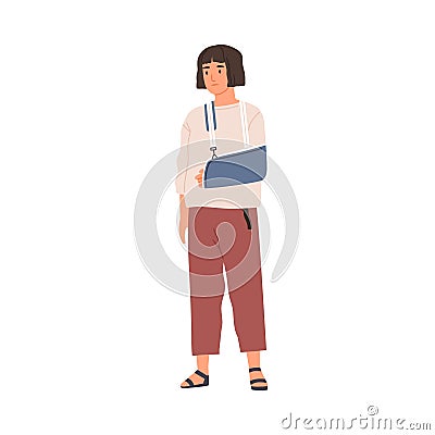 Unhappy woman with broken hand in gypsum. Sad patient with arm injury during recovery. Person with orthopedic trauma Vector Illustration