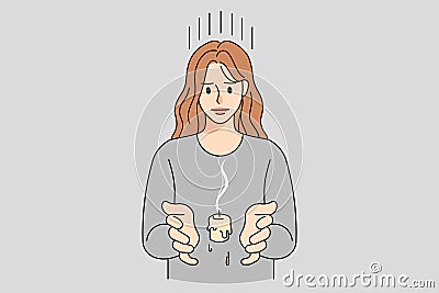 Unhappy woman with burnt candle suffer from burnout Vector Illustration