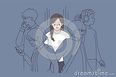 Unhappy woman feel lonely in crowd Vector Illustration