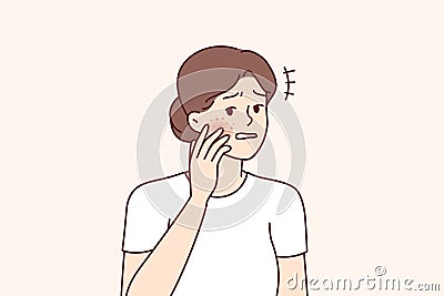 Unhappy woman gets frightened after seeing redness on face suffering from allergies. Vector image Vector Illustration