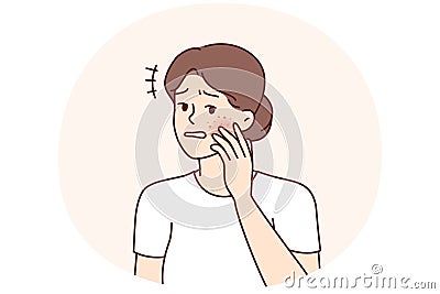 Unhappy woman gets frightened after seeing redness on face suffering from allergies. Vector image Vector Illustration