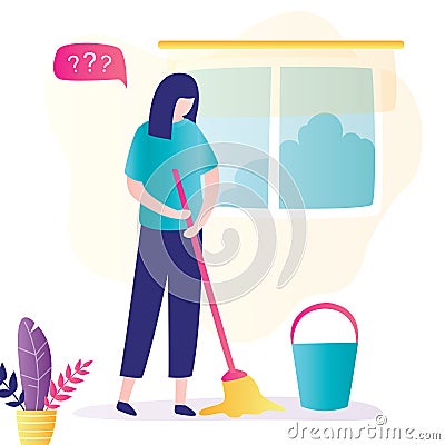 Unhappy woman holding mop, bucket near. Cleaning, household, mopping concept. Cleaning service, sad housewife Vector Illustration