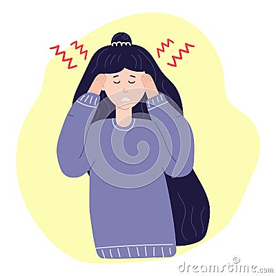Unhappy woman with severe headache. Migraine, health problems and pain head. Vector Illustration