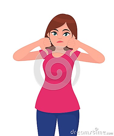 Unhappy woman showing or gesturing thumbs down sign. Vector Illustration