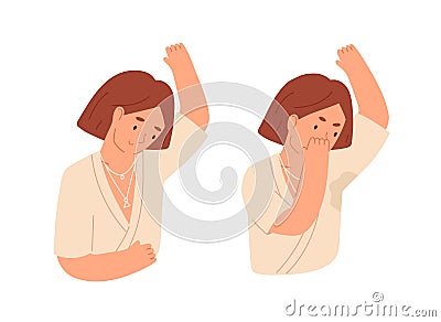 Unhappy woman with smelly sweaty armpits and sweat odour. Person with hyperhidrosis. Healthy and unhealthy smell from Vector Illustration