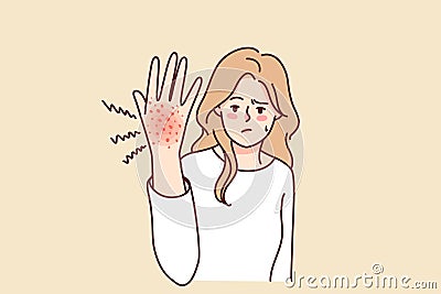 Unhappy woman suffer from rash on hand Vector Illustration