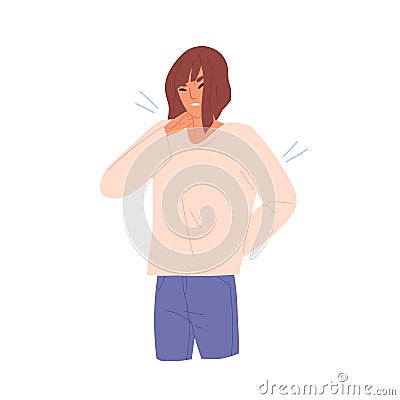 Unhappy woman suffering from body stiffness vector flat illustration. Sickness female with shoulders and neck pain Vector Illustration