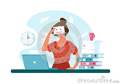 Unhappy woman at work, professional burnout. Sad girl holds a painted smile. The concept of depression, workload, career Vector Illustration