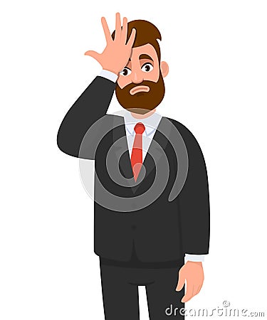 Unhappy young business man holding hand on forehead with frightened expression. Confused person with frowned face expression. Vector Illustration