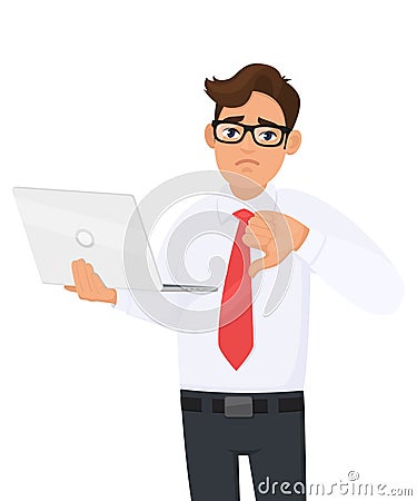 Unhappy young businessman holding laptop computer and showing thumbs down gesture. Person making dislike, bad, disagree sign. Vector Illustration