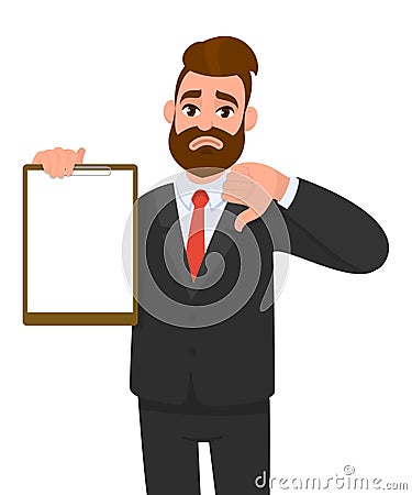 Unhappy young businessman showing blank clipboard and making thumb down gesture sign. Person holding notepad. Male character. Vector Illustration