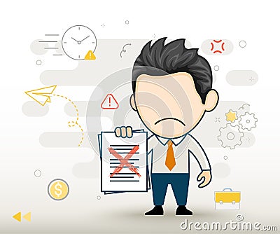 Unhappy young businessman showing clipboard with cross mark Vector Illustration