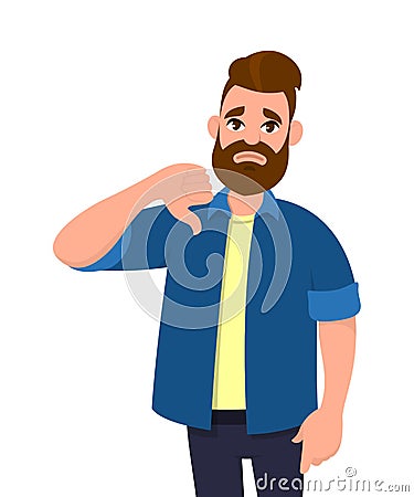 Unhappy young man showing thumbs down sign gesture. Dislike, disagree, disappointment, disapprove, no deal concept. Vector Illustration