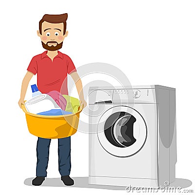 Unhappy young man standing next to washing machine with basin filled with dirty clothes Vector Illustration