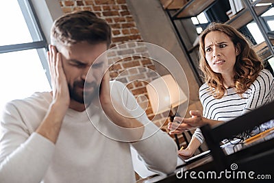 Unhappy young woman being mad at her boyfriend Stock Photo